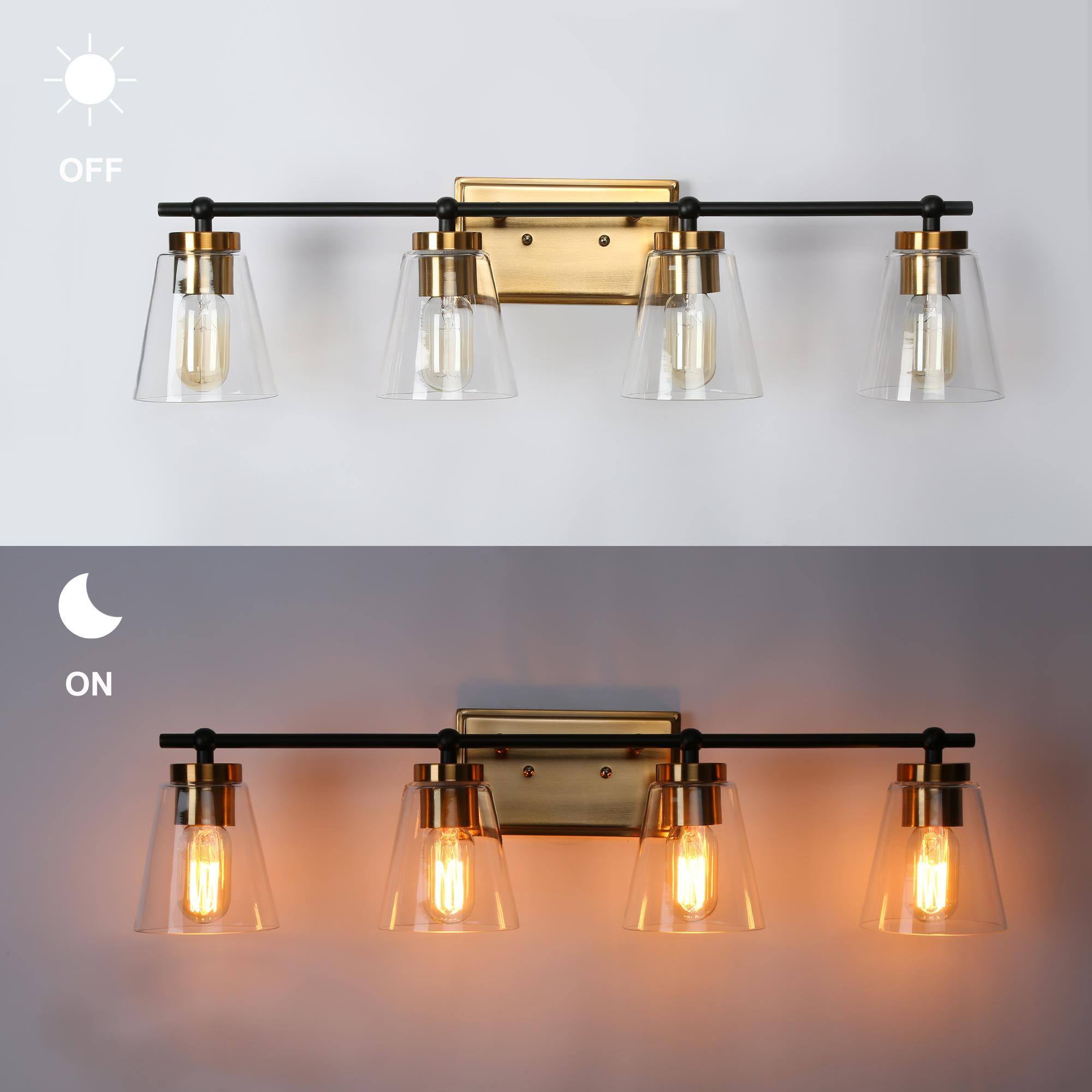 LNC Alumbrar 29-in Polished Gold and Matte Black Bathroom Vanity Light with Clear Glass Cone Shades, Modern, 4-Light