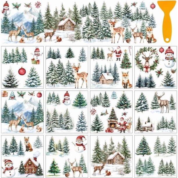 12 hojas de pegatinas navideñas transferibles con diseño de muñeco de nieve y ciervo para ventanas y muebles