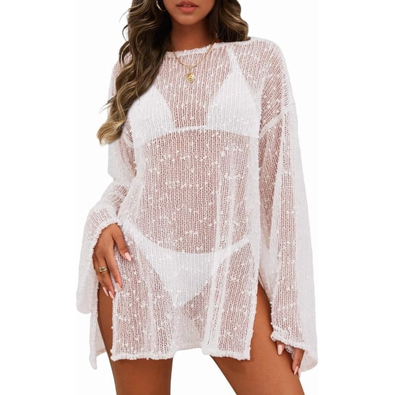 Women's Swimsuit Coverup Crochet Sheer Beach Dress Slit Long Sleeve Bathing Suit Cover Up
