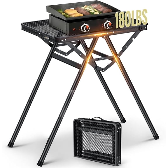 Anbte 2ft Folding Grill Table, 3 Adjustable Height 180lbs Heat-Resistant Metal Table, 24" x 16" Black for Camping BBQ Outdoor
