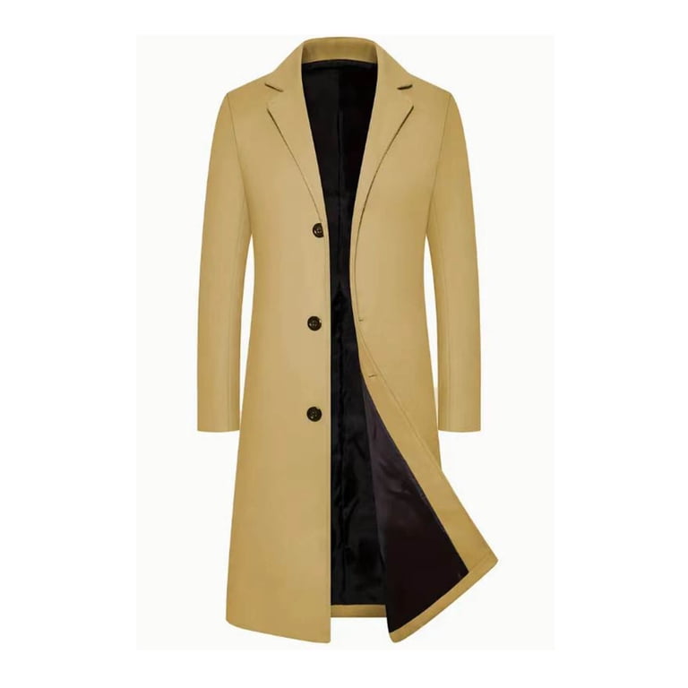 Handshe Men's Wool Blend Trench Coat, Solid Color Long-Length