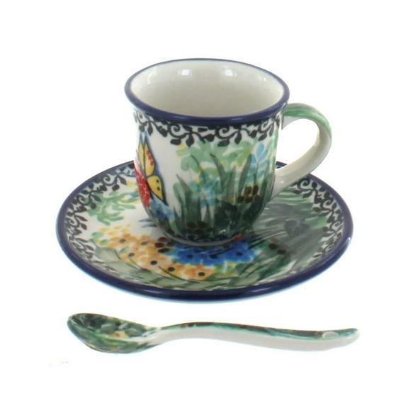 Blue Rose Polish Pottery Teresa Espresso Cup & Saucer with Spoon