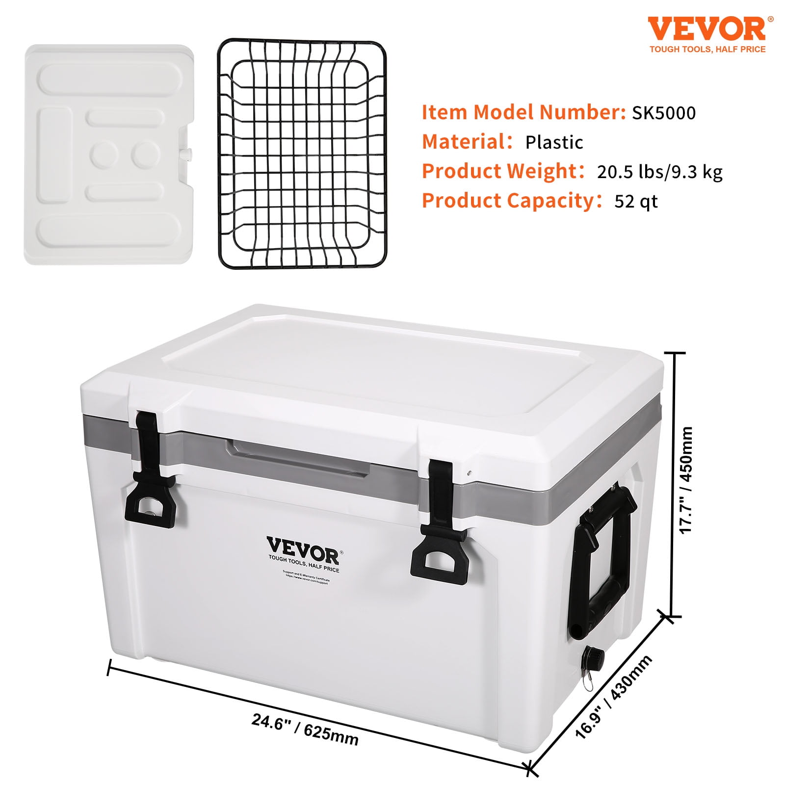 VEVOR Insulated Portable Cooler 45 qt. Holds 45 Cans, Ice Retention Hard Cooler with Heavy-Duty Handle, Ice Chest Lunch Box, White