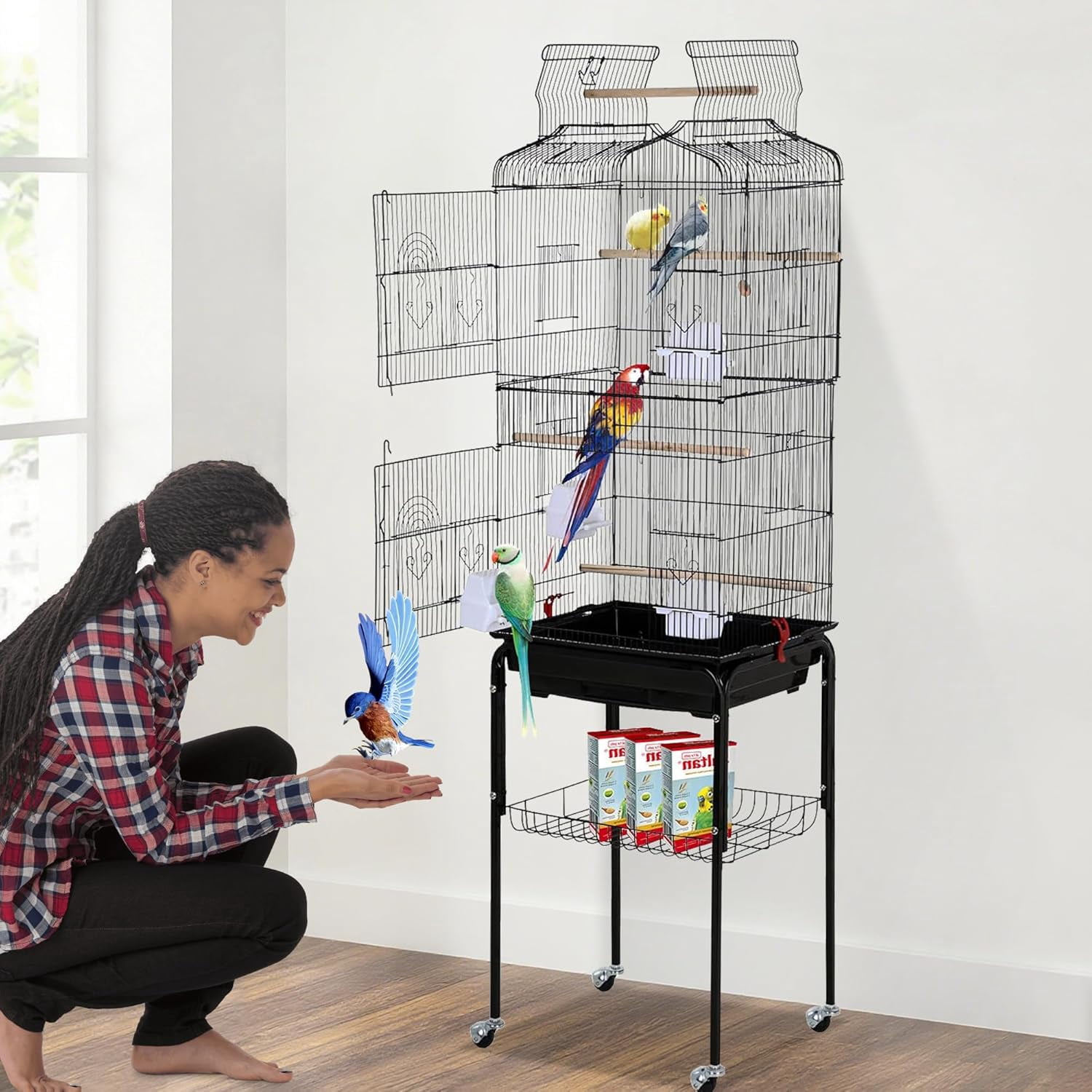 CL.HPAHKL Large Bird Cage, 64 inch Parakeet Cage with Open Play Top & Rolling Stand, Wrought Iron Birdcage for Parrot Cockatiel Cockatoo Lovebird, Black