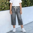thumbnail image 4 of Jewelreauty Girls' Jean Capris Drawstring Elastic High Waist Denim Capri Pants Wide Leg Jeans 4-15 Years (12-13Years, Dark Gray), 4 of 7