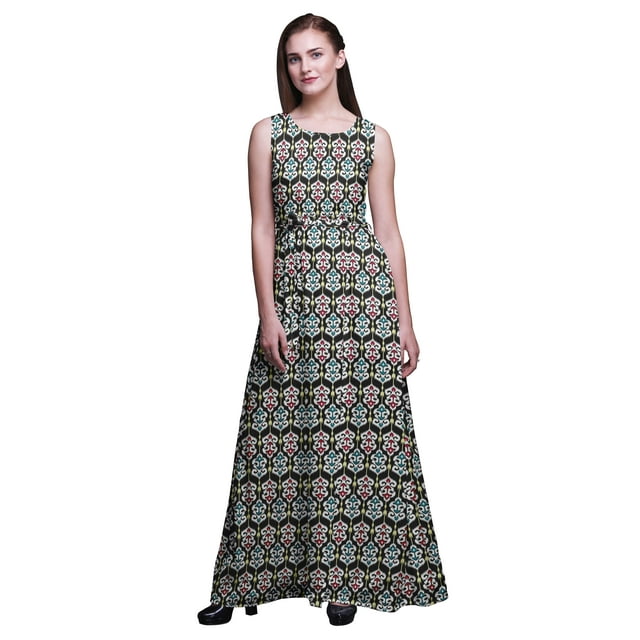 Bimba Ikat Robe Longue Débardeur Maxi pour Femmes à Col Rond Imprimée, Robe de Soirée - Très Petit