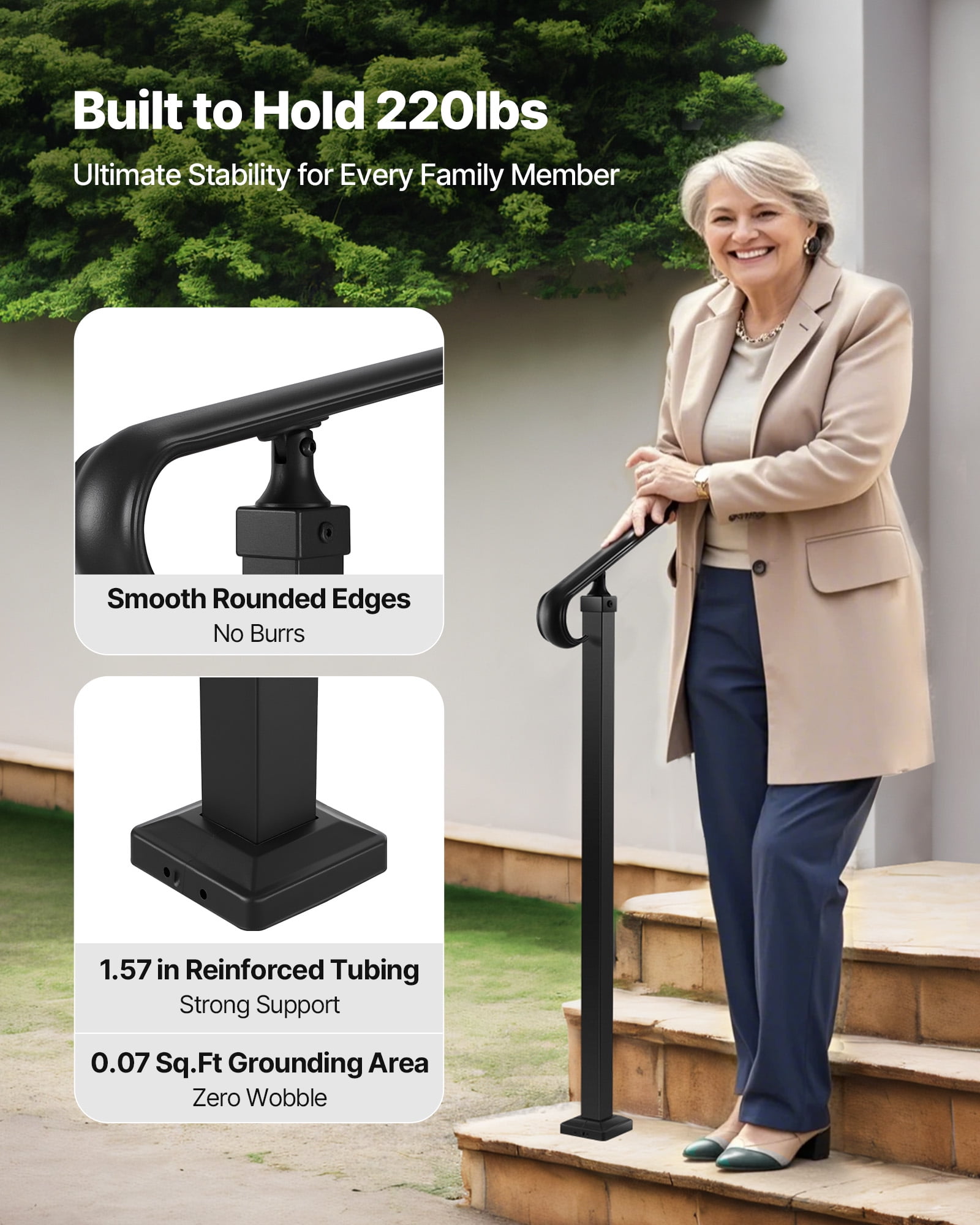 VEVOR Handrails for Outdoor Steps, 2-3 Step Adjustable Height, Carbon Steel Transitional Handrail with Installation Kit, Exterior Hand Railing for Steps, Concrete or Wooden Stairs, Porch, Matte Black