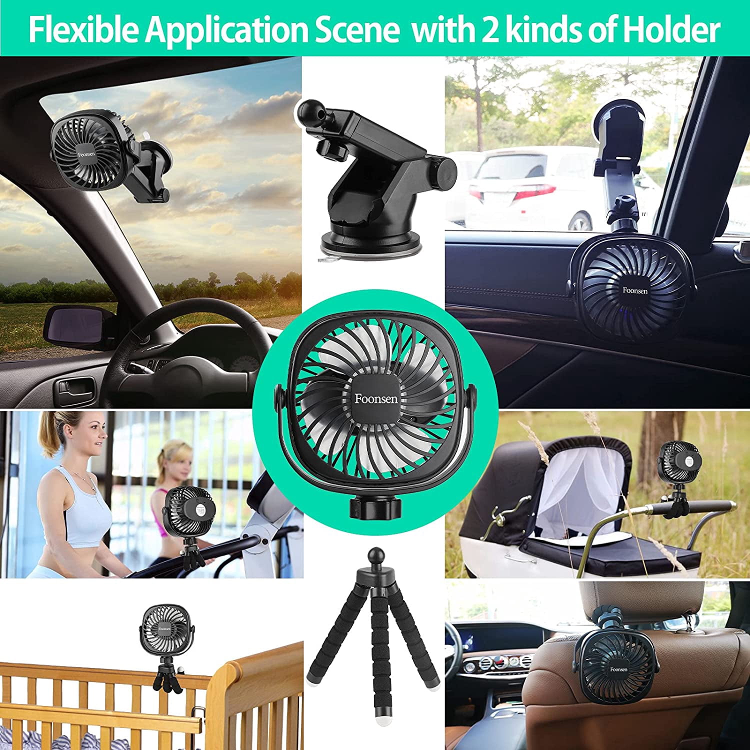 Cxy Rechargeable USB Stroller Fan, Portable Car Fan, Car Seat Fan, Desk Fan, Flexible Tripod Clip on Bed, Bike, and Crib, Battery Powered