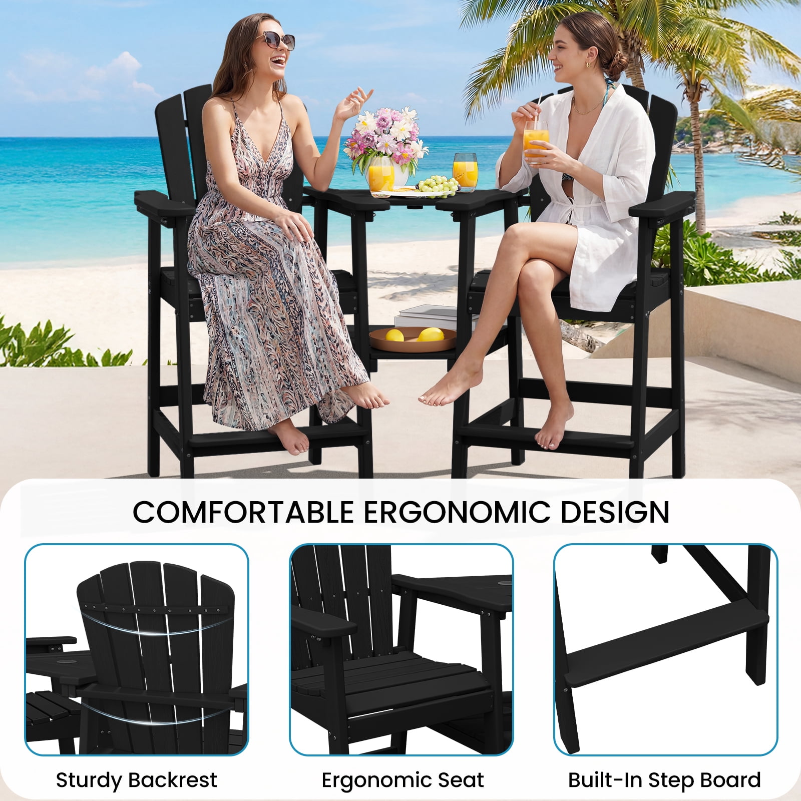 LOYALICE Tall Plastic Adirondack Chair Set of 2 W/ Outdoor Barstools and Connecting Tray, Black