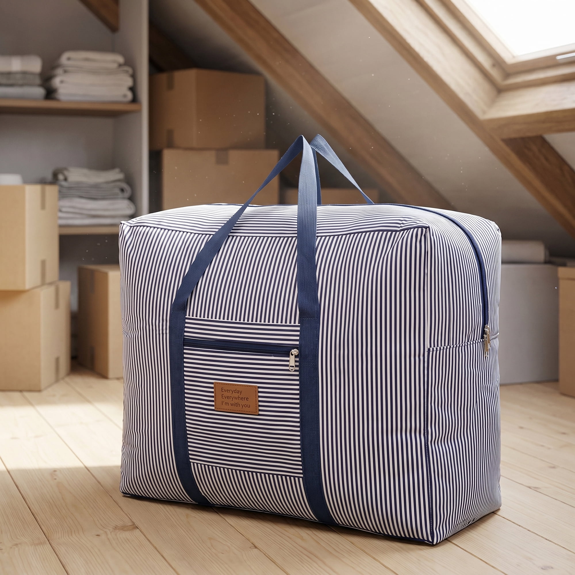 Unique Bargains Large Capacity Striped Oxford Travel Bag Navy Blue 23.6" x 19.7" x 11.8"