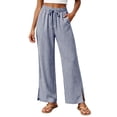 thumbnail image 2 of Gamviast Womens Striped Wide Leg Pants Elastic Waist Drawstring Side Slit Casual Palazzo Trousers with Pockets Lightweight Beach Pants for Vacation Lounge Summer Wear Navy L, 2 of 7