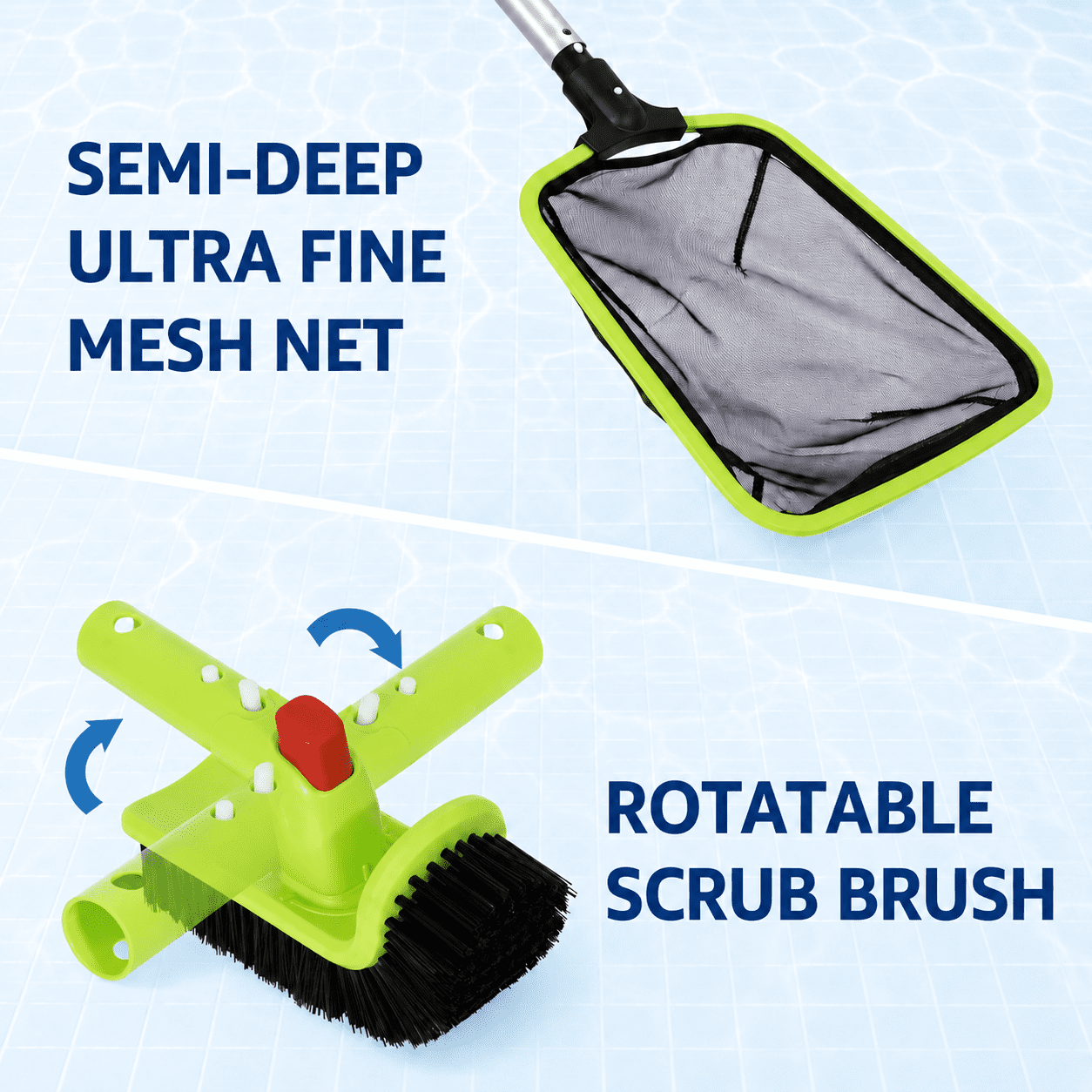 WaterJingle 4-Piece Pool Cleaning Kit with Skimmer Net, Leaf Rake & 90 Degree Brush