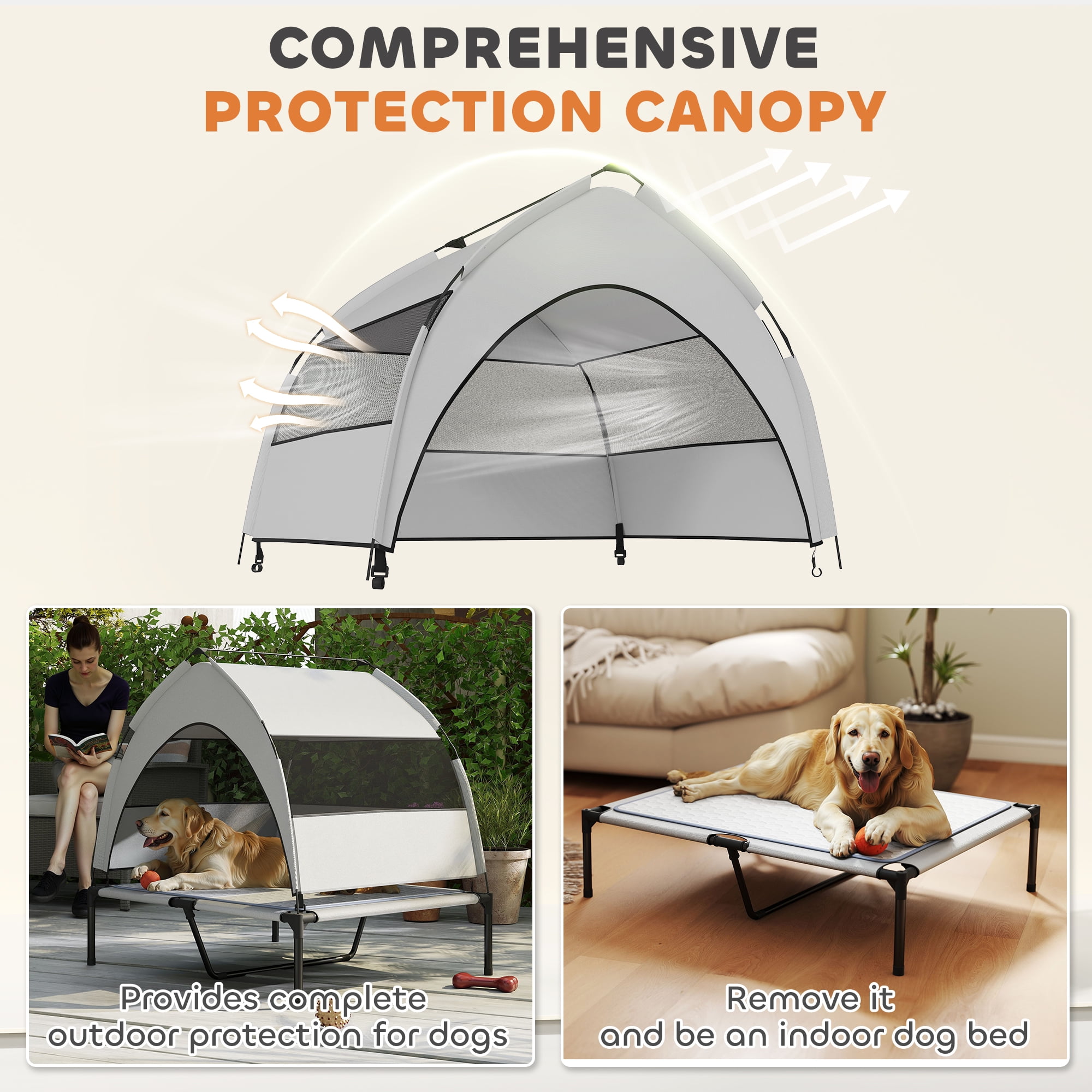 HUJHKIO Elevated Dog House with Canopy, Cooling Pad & Storage Bag, Portable Outdoor Sun Shade Shelter for Large Dogs up to 66lbs, 3-Sided Cover, Breathable Mesh, Easy Assemble Foldable Travel Pet Bed