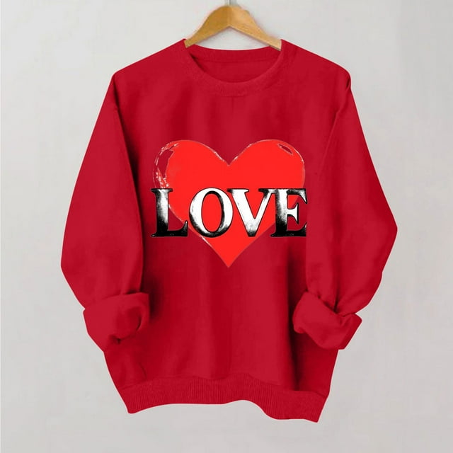 Styesk Chemises à Manches Longues pour Femmes Imprimé Cœur Hauts Confortables Doux Col Rond T-Shirts Chandail Mode Léger Chandail en Molleton Graphique de la Saint-Valentin Hauts Décontractés