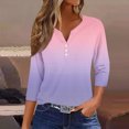 thumbnail image 3 of TKLPEHG Women's 3/4 Sleeve Tops V-Neck Button Shirt Casual Loose Fashion Gradient Color Print Fall Tops Comfy Lightweight Pullover (Pink,S), 3 of 5
