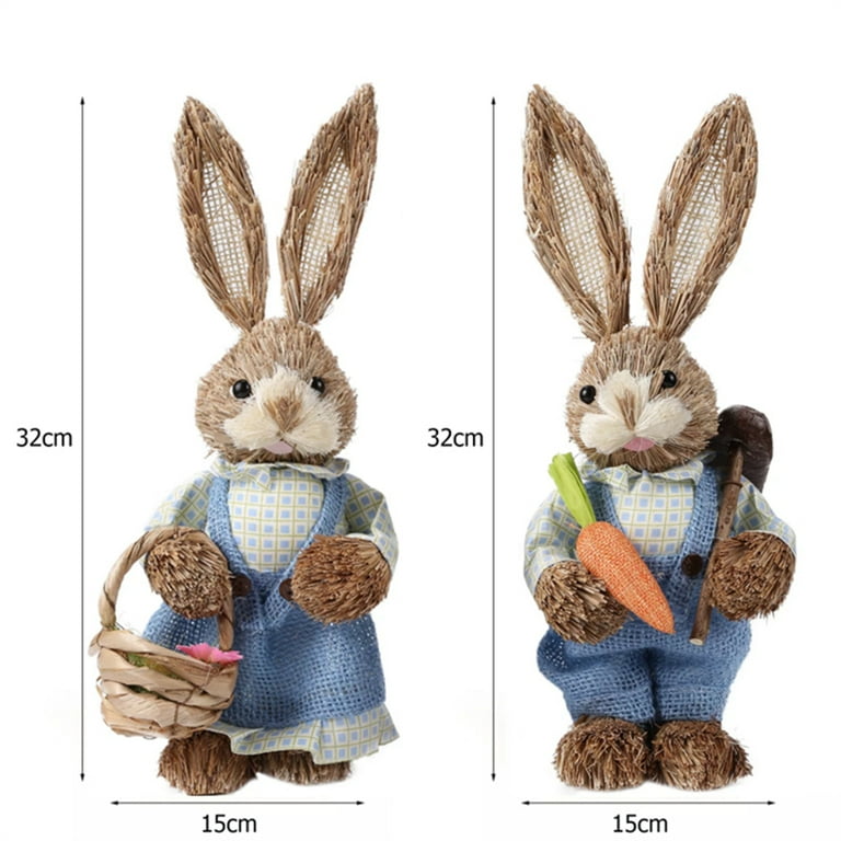 æ— Set of 2 Standing Bunny WBasket and Carrot, Easter Straw Bunny Figurine  for Farmhouse Home Easter Festival Decor, 4.33 x 13.99 Inch