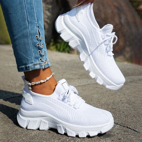 Domzle Women's Running Shoes Hands-Free Slip On Breathable Knit Walking Sneakers Non-Slip for Work Gym & Casual White
