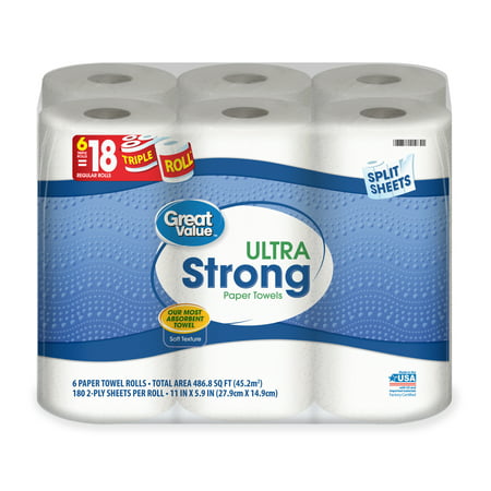 Great Value Ultra Strong Paper Towels, Split Sheets, 6 Triple Rolls ...