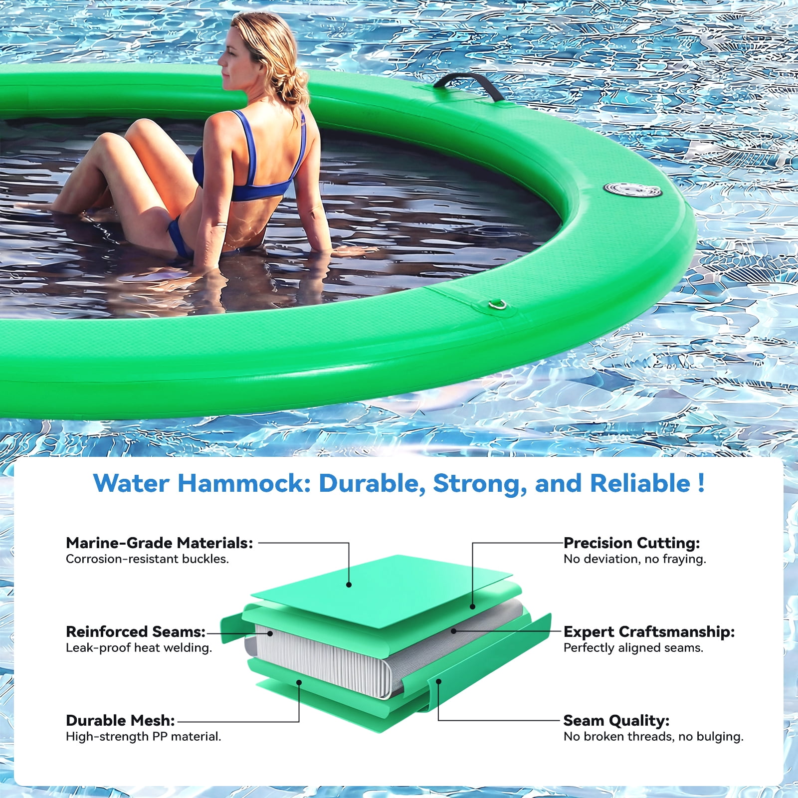 Danrelax 8FT Sunchill Round Inflatable Float Ring for Adults, Heavy Duty Hammock Pool Lounger with Pump, for Lake, Ocean & Pool