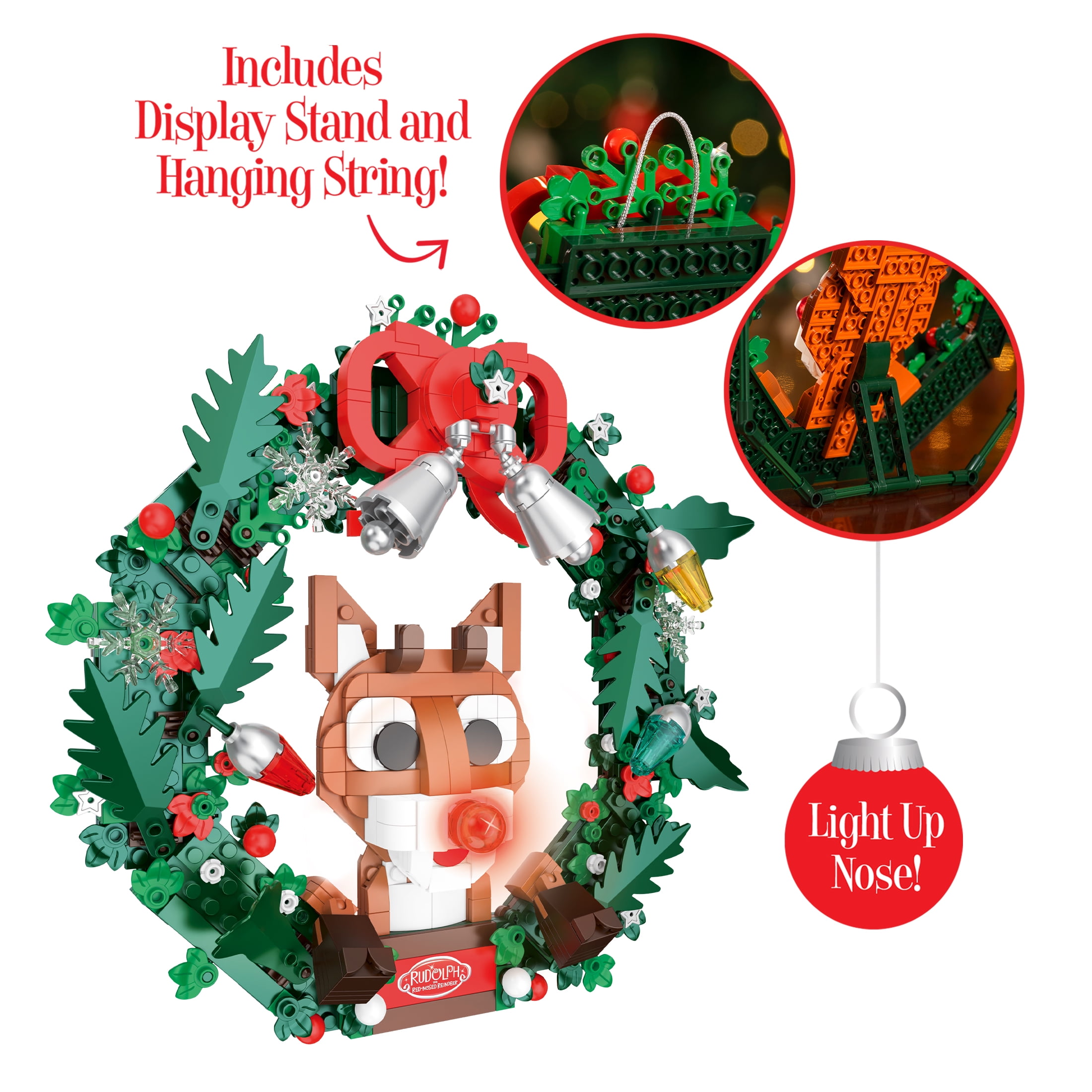 Brickcraft Rudolph the Red-Nosed Reindeer Light-Up Holiday Wreath Building Kit, 526-Piece Christmas Decoration Collectible