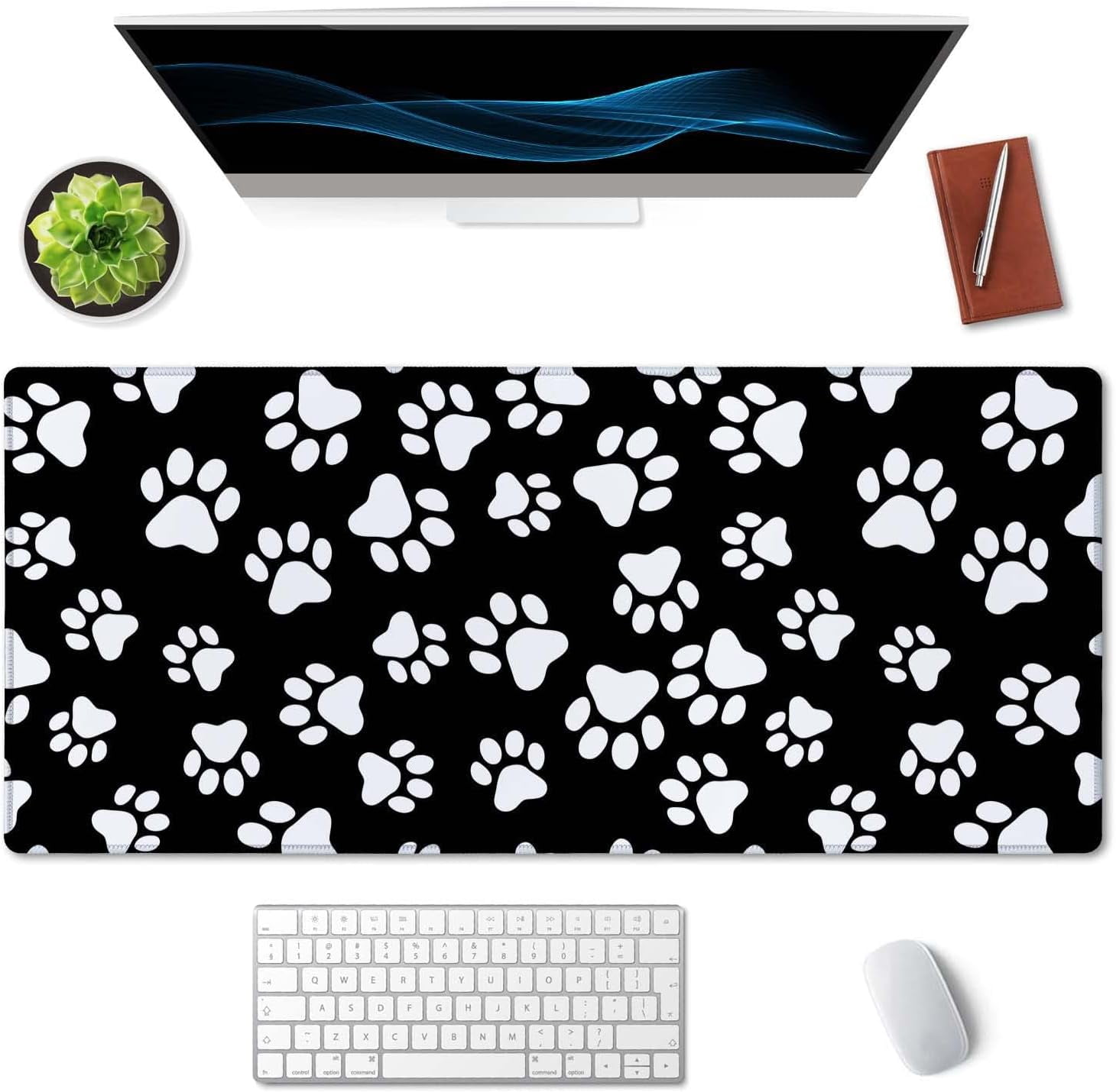 Gaming Mouse Pad, Extended Mouse Pad, 35.5x15.7inch XXL Large Big Computer Keyboard Mouse Mat Desk Pad with Non-Slip Base and Stitched Edge for Home Office Gaming Work, Black White Paws