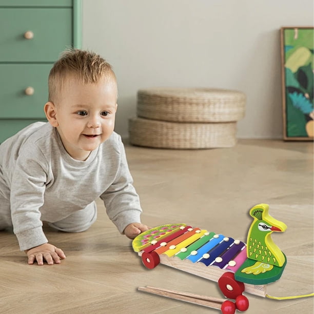 Xilófono de madera con forma de pavo real, juguete para bebés y niños pequeños, con teclas y mazos de colores para el desarrollo musical temprano de niños de 1 a 3 años.