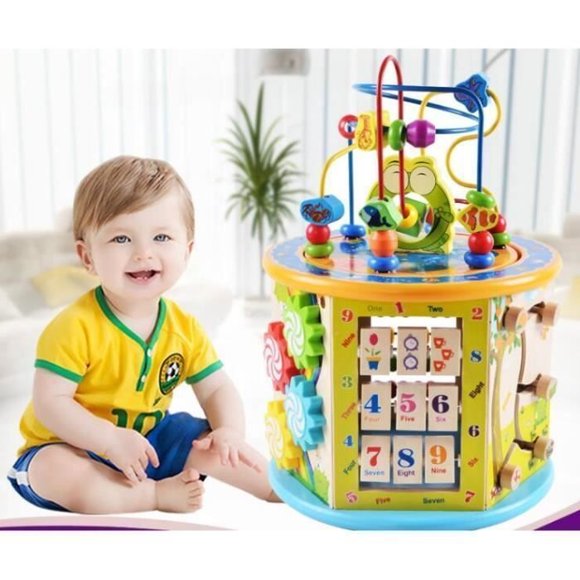 8 in 1 Wooden Activity Cube, Early Learning Game for 1 Year Olds, Bead Maze Toys, Early Learning Toy for Toddlers