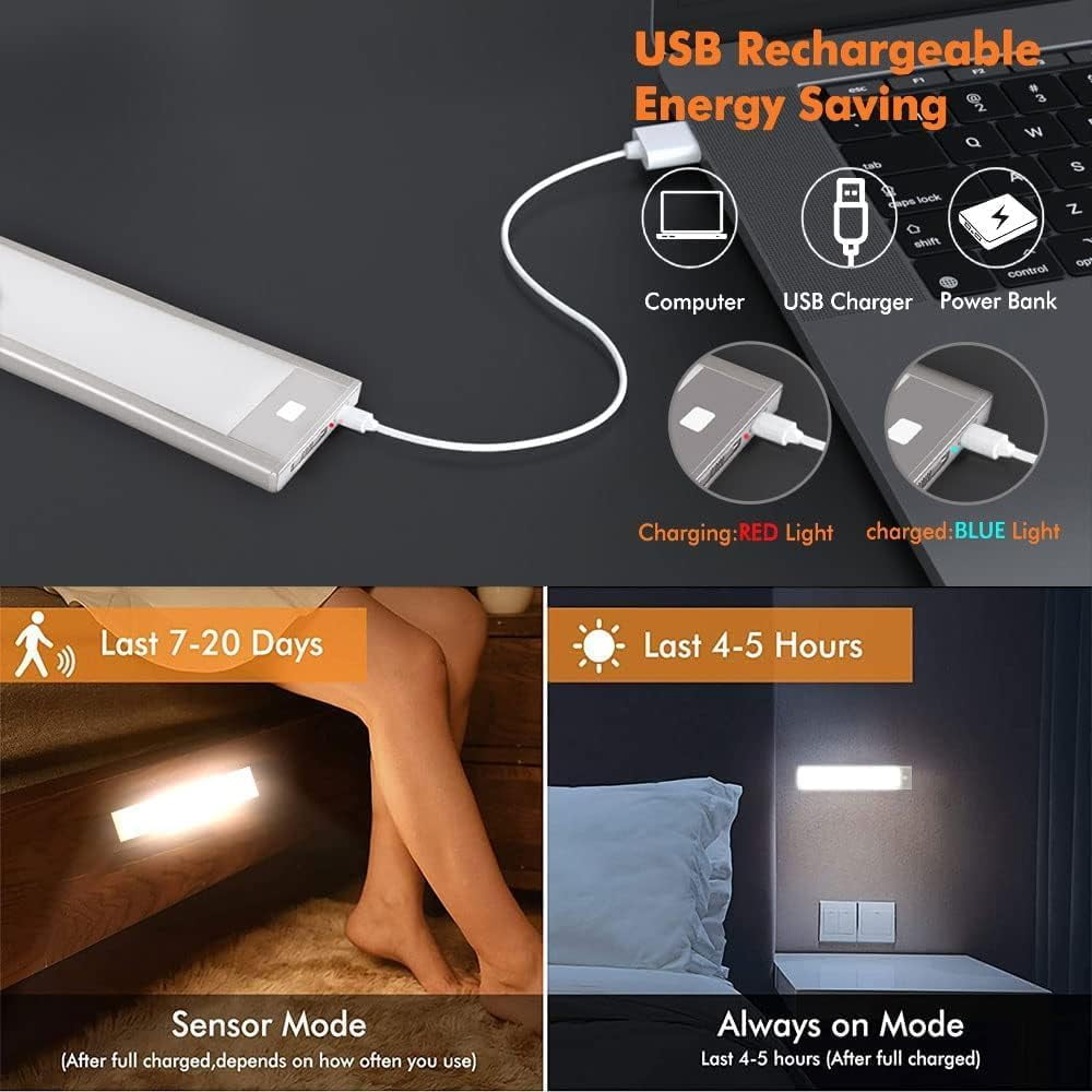 VST Under Cabinet Lights, Motion Sensor Light Indoor 2200mAh Rechargeable, Closet Lights with Magnetic Suck, Cordless Under Counter Lights for Stairs Kitchen (3 Pack, Nature Light - 4000K)