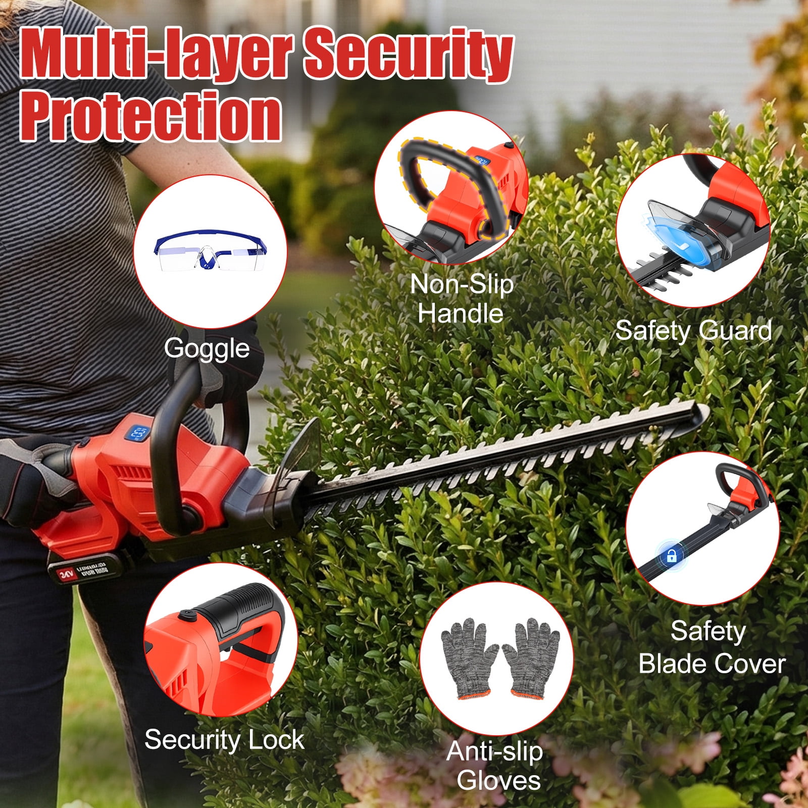 22" Cordless Hedge Trimmer with 180° Rotatable Head, 21V Electric Bush Trimmer with 2 x 2000mAh Batteries, 1000W 24000r/min Motor, 65Mn Steel Blade for Garden Yard, Red
