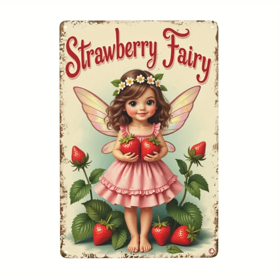 HELLOYOUNG Vintage "Strawberry Fairy" Metal Wall Art Retro Tin Sign for Indoor & Outdoor Decor