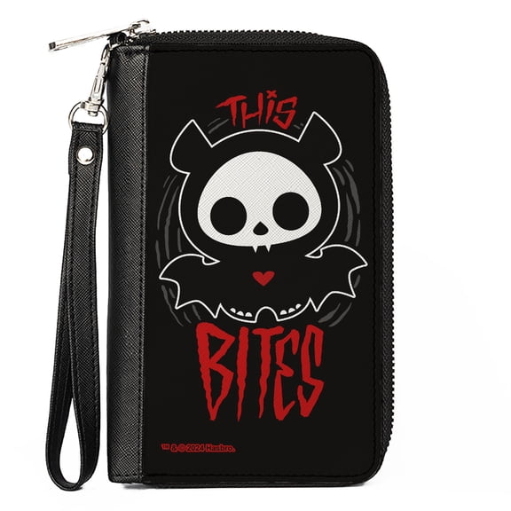 Skelanimals Wallet, Zip Around, Skelanimals Diego the Bat Fog Pose and Title Logo Black White, Vegan Leather