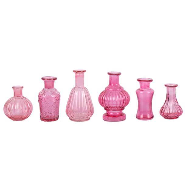 Koyal Wholesale Vintage Glass Flower Bud Vase Bulk Set of 6, Berry, Small Vases for Flowers