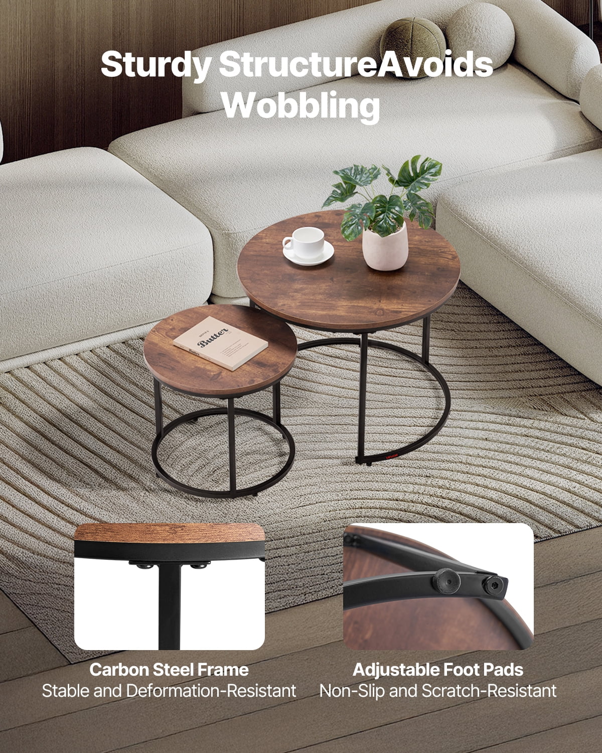 VEVOR Nesting Coffee Table Set of 2, 23.6 in Round Coffee Table,Nesting Tables for Small Place, End Side Tables Night Stand with Metal Frame, for Living Room, Bedroom, Office (Vintage Brown & Black)