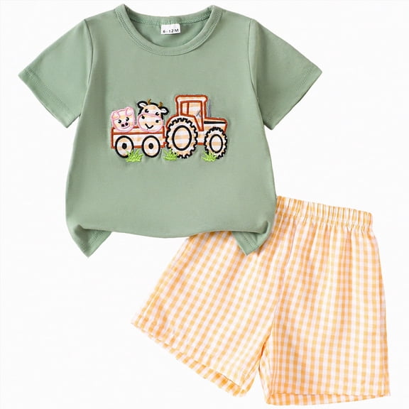 HCNTES Toddler Outfit Cute Farm Theme Embroidery Tee and Gingham Shorts 2-Piece Set for Birthday Parties Boys Summer Outfits