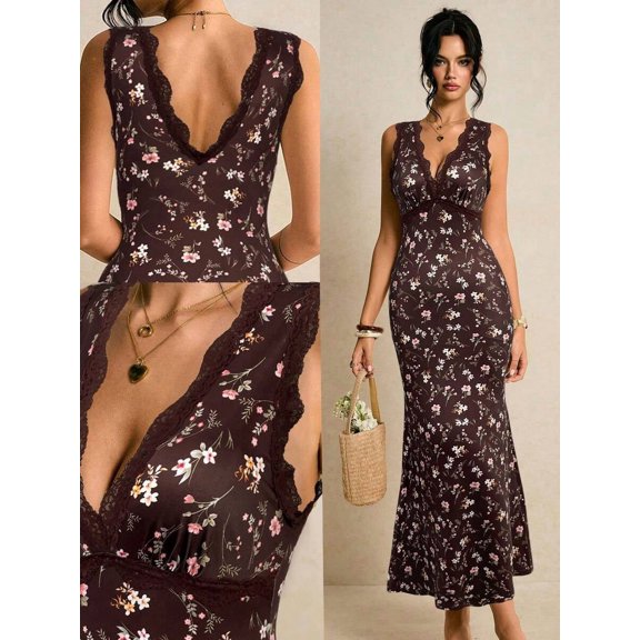 Brown Ditsy Floral Lace V-Neck Sleeveless Fitted Mermaid Hem Maxi Dress
