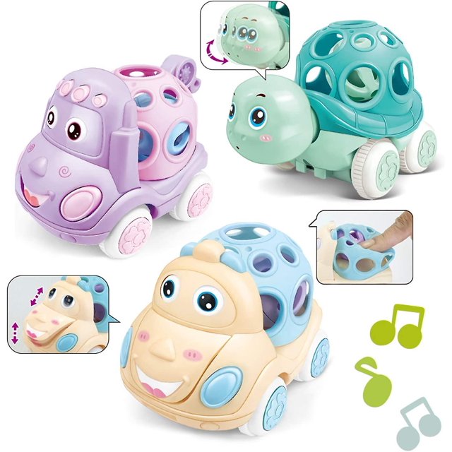 Coche con sonajero y ruedas para niños pequeños, juguete para empujar y andar con sonajero de goma suave, 3 piezas, vehículo impulsado por fricción, regalo de aprendizaje infantil
