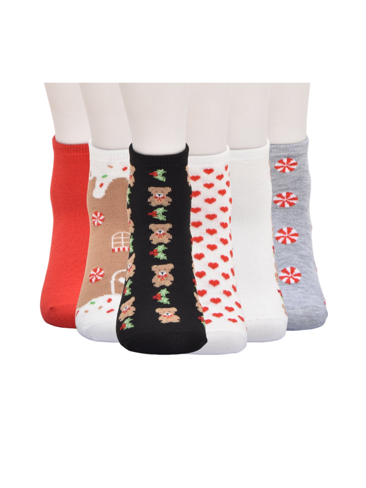 Wonder Nation Girls Teddy Bear and Holiday Quarter Crews Socks, 6-pack, Size Large (Shoe Size 3-9)
