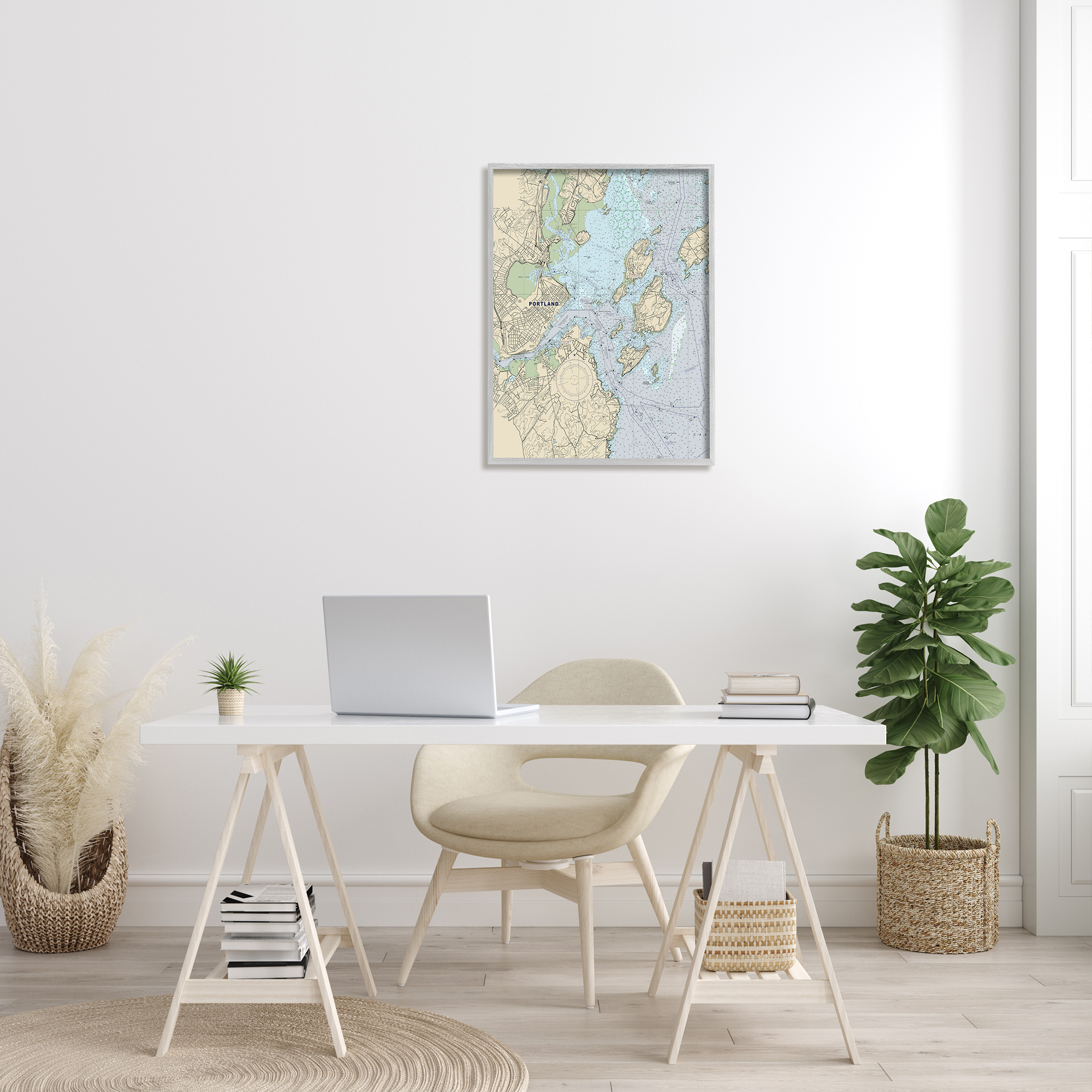 Stupell Industries Portland Coast Nautical Map Beige Blue Cartography, 24 x 30, Designed by Daphne Polselli