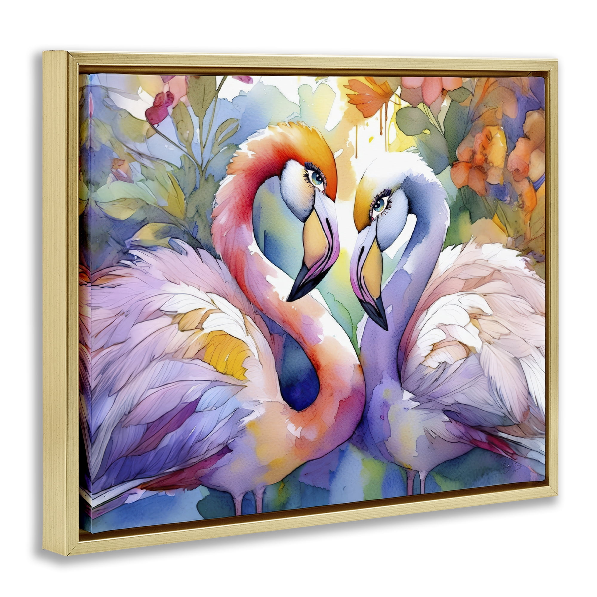 Stupell Industries Flamingo Love Pair Gold Framed Floater Canvas Wall Art, design by Shelly Craig