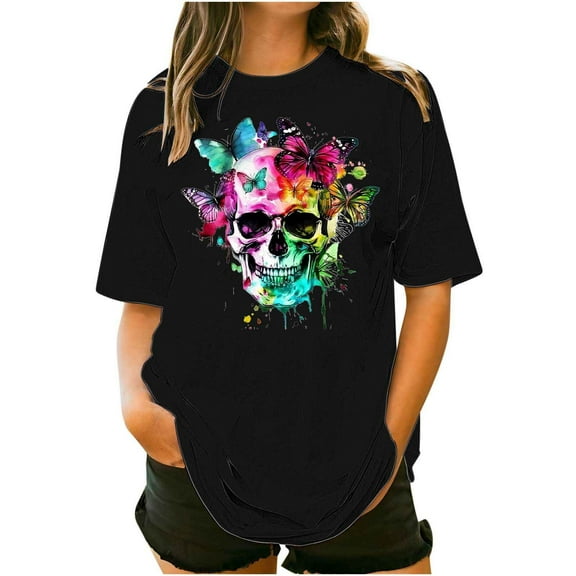 Womens Halloween Ghost Shirts Vintage Graphic Tees Funny Printed Tops Loose Fit Shirts Skull Teen Girl Plus Size