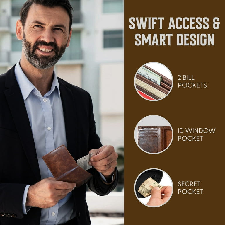 Bull Guard Genuine Leather Men's RFID Trifold Wallet, Forest Brown