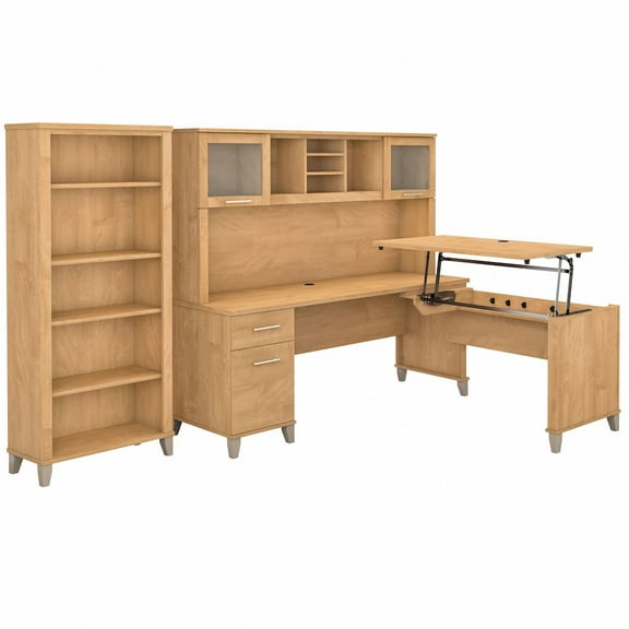 Bush Furniture Somerset Sit to Stand L Shaped Desk with Hutch and Bookcase in Maple