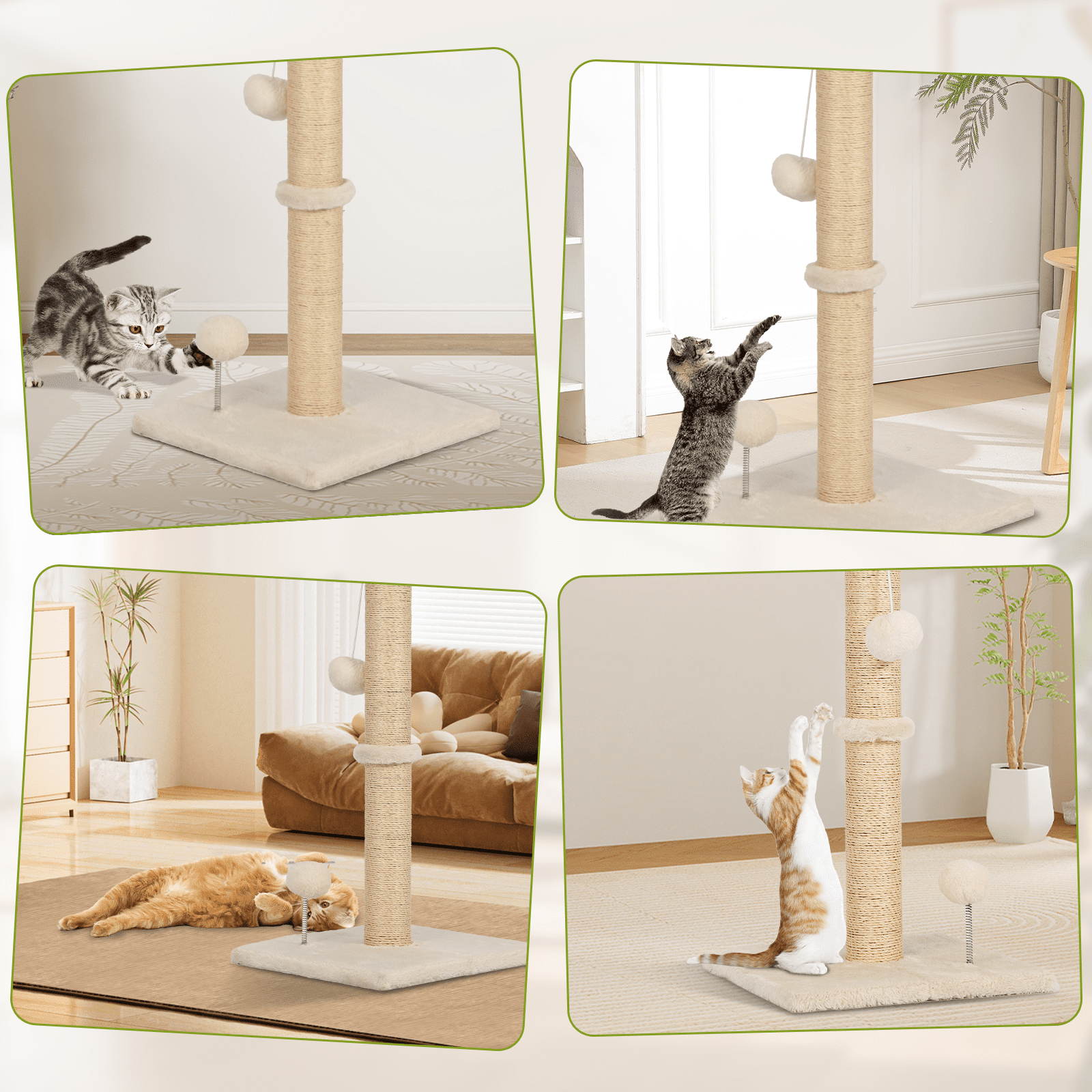 Dkelincs Cat Scratching Post with Sisal & Spring Ball Toy 33" Tall Cat Scratcher for Indoor Cats/Kittens Natural Sisal Scratch Post Trees for Living Room Bedroom, Beige