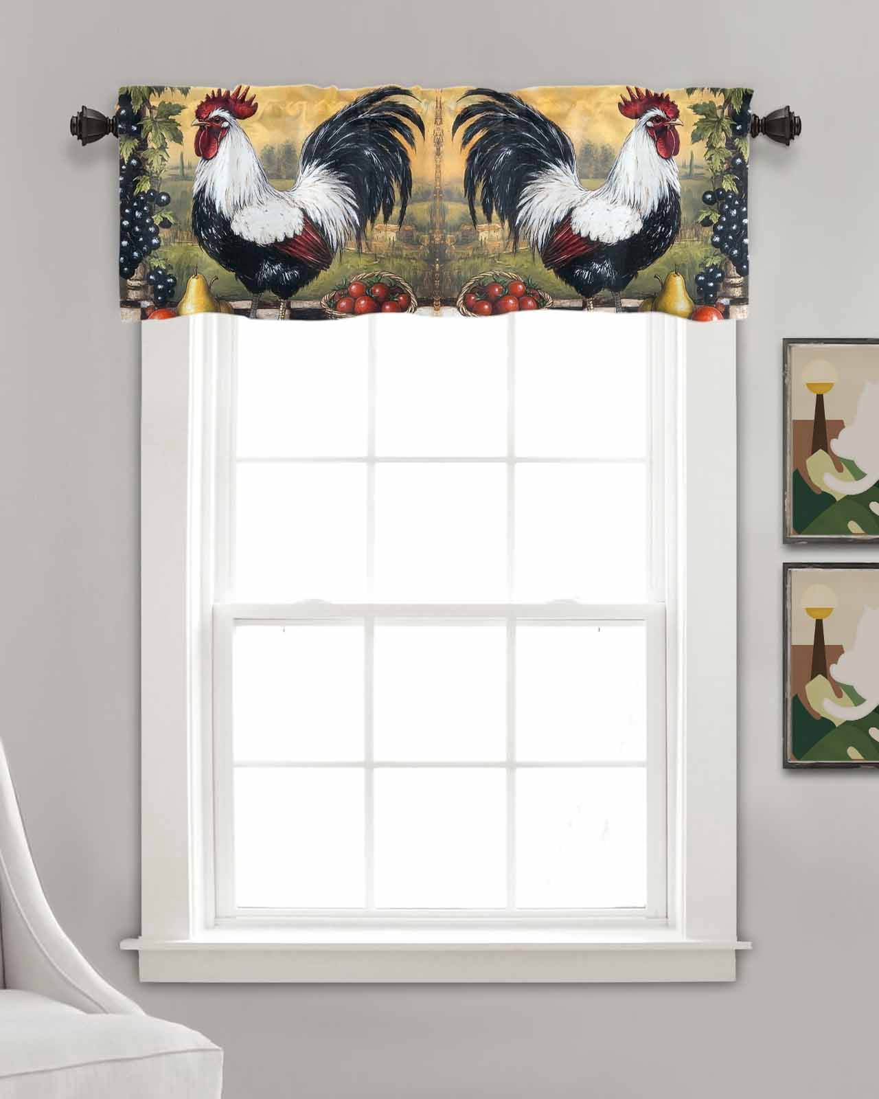 Black White Vintage Rooster Kitchen Valances for Windows Farmhouse Linen Window Valance Curtain for Living Room Window Treatment Pastoral Animals Watercolor Valance Rod Pocket Topper, 60 x 18 Inch