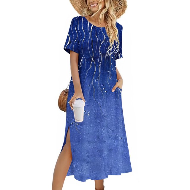 Ovzne Robes Grande Taille pour Femmes Rondes Robe Femme Robe Décontractée d'Été Robe de Printemps à Manches Courtes avec Poches Robe de Plage Décontractée Robe Femme à Manches Courtes Imprimée Transparente