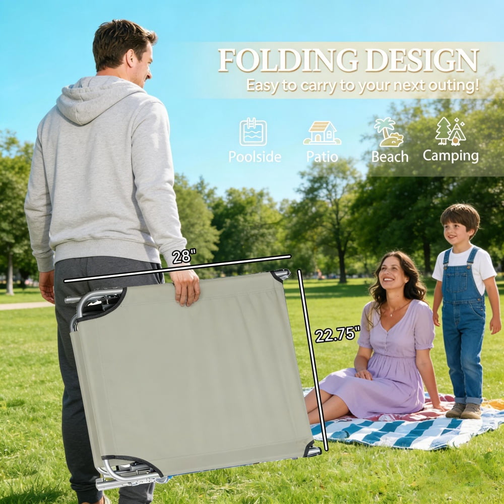 Outdoor Folding Chaise Lounge with Detachable Adjustable Sun Awning, 4-Level Reclining Backrest, Cream White Portable Pool Beach Lounger