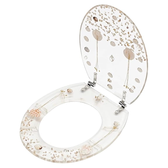 Round Toilet Seat, 16.73" x 13.98" Transparent Resin Toilet Seat with Stainless Steel Strong Hinges, Heavy Duty Toilet Cover Quiet-Close Seat, U/V Shell Toilet Cover Bathroom Decoration