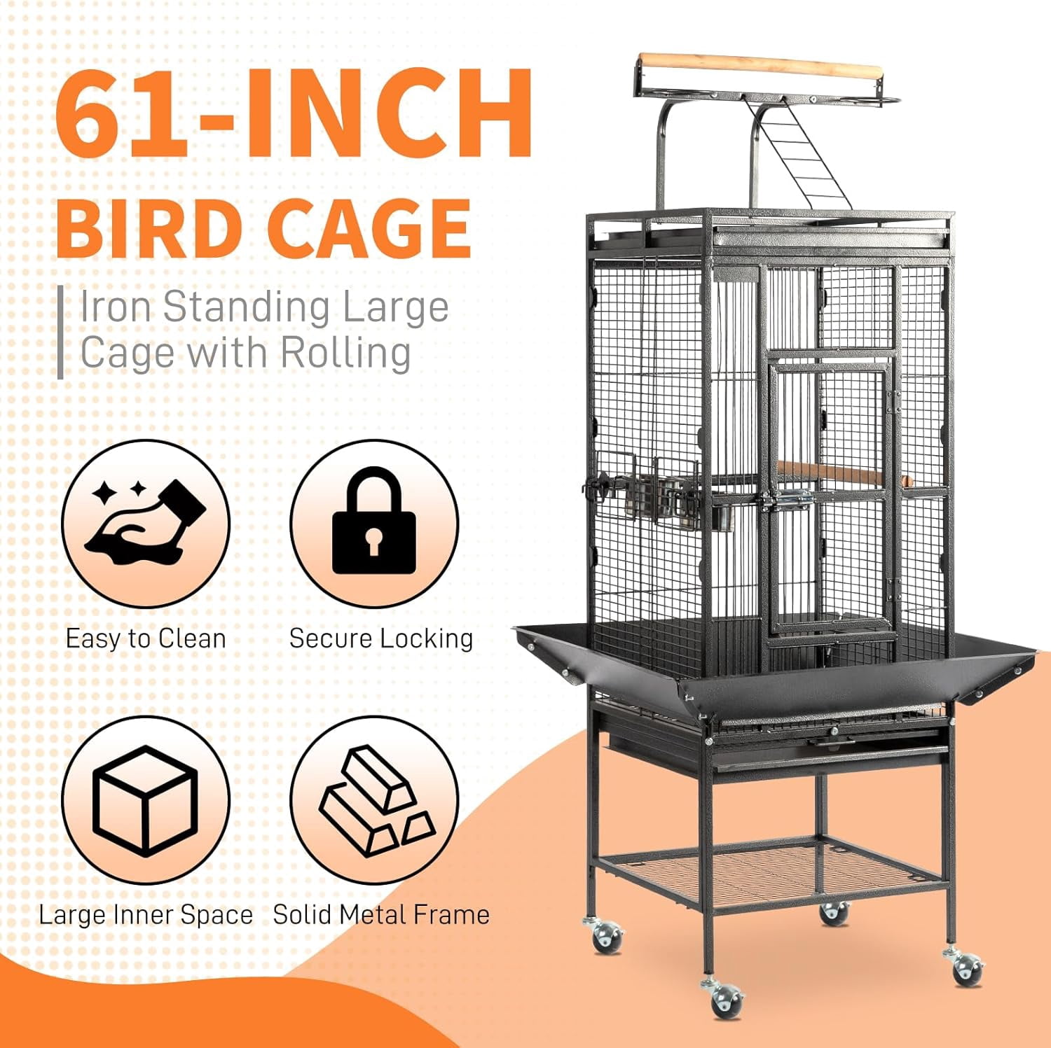 65-Inch Wrought Iron Bird Cage with Playtop | Durable Large Flight Cage with Ladder & Rolling Stand for Parrots, Cockatiels, Budgies, Lovebirds, Small/Medium Birds