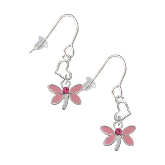 Silvertone Pink Dragonfly with Crystal Heart French Earrings