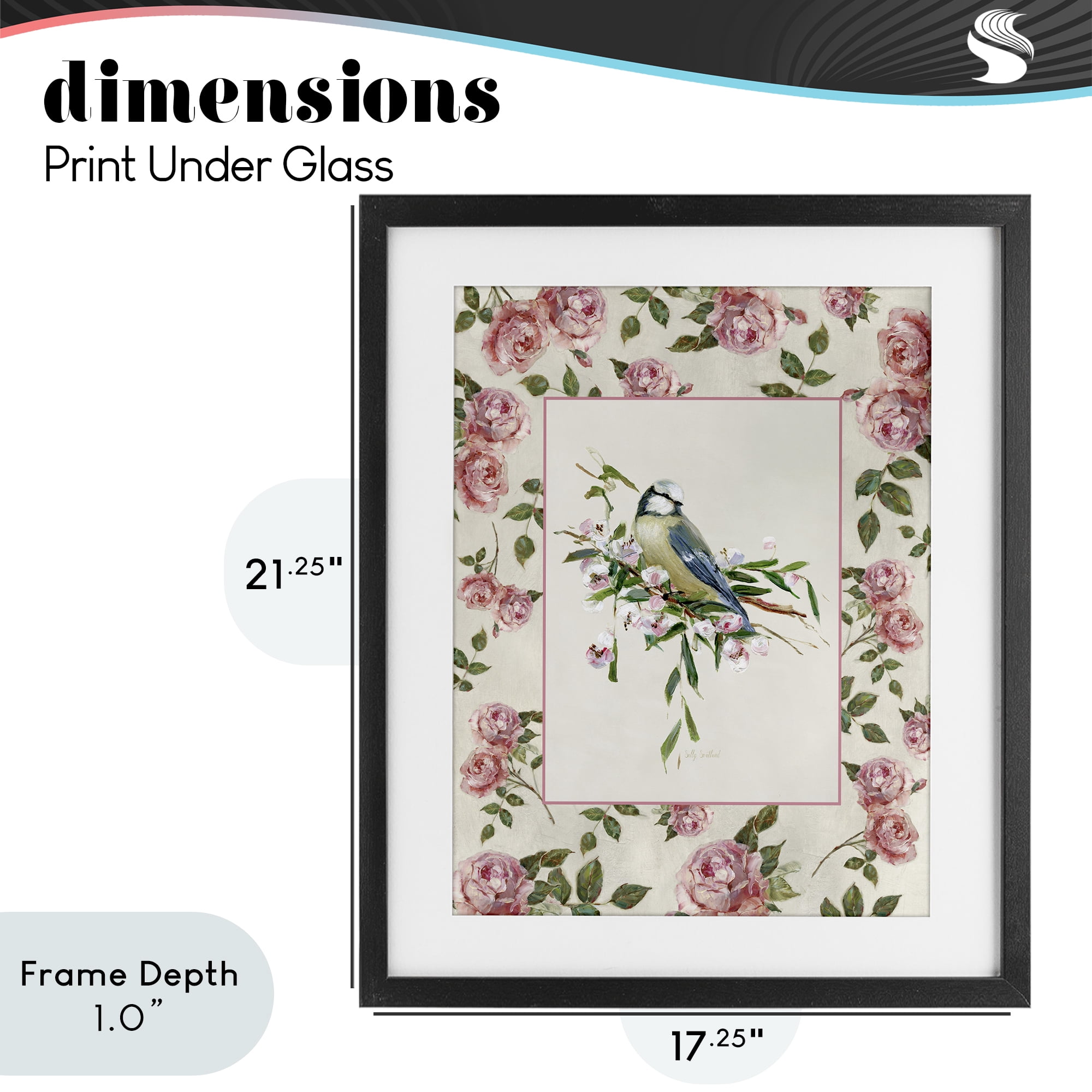 Stupell Industries Dainty Roses & Perched Bird Black Framed Print Under Glass, design by Sally Swatland